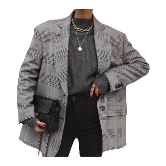 ZARA gray plaid oversized blogger favorite blazer women’s size small - Picture 3 of 15